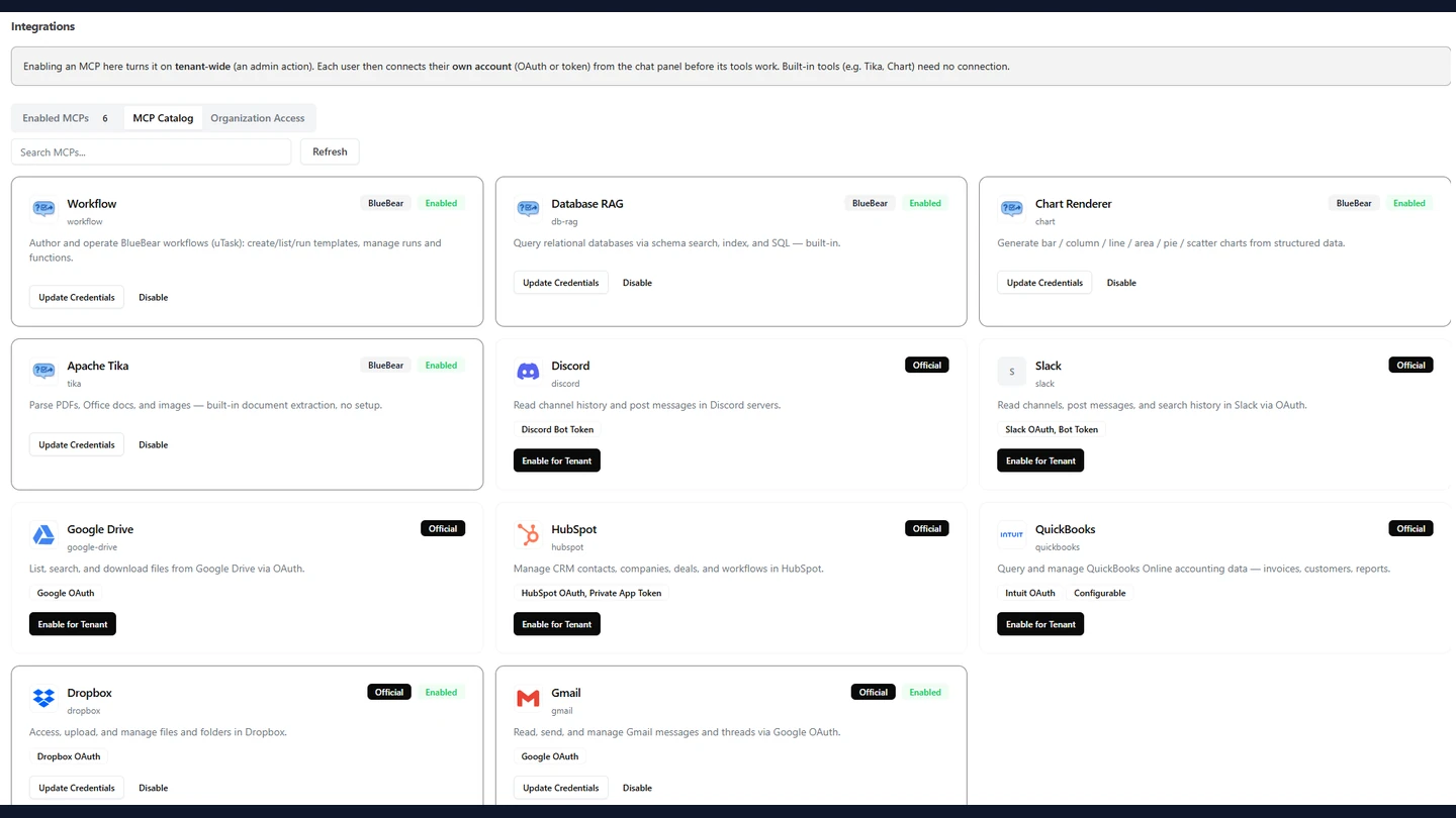 BlueBear governed integrations catalog